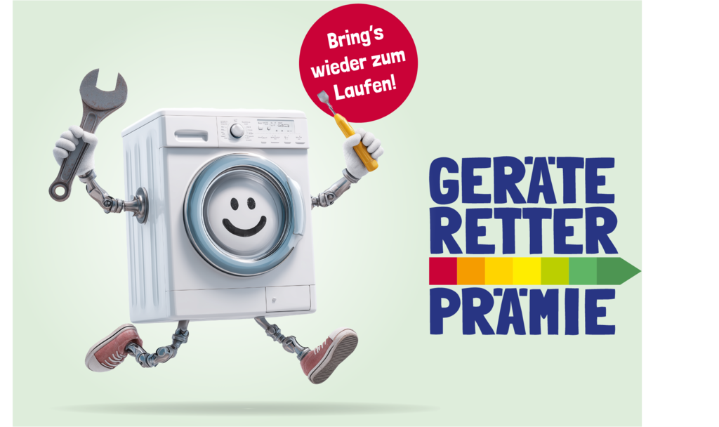 Auf dem Bild ist eine fr&ouml;hliche Waschmaschine mit Armen und Beinen zu sehen, die einen Schraubenschl&uuml;ssel und einen Schraubendreher in den H&auml;nden h&auml;lt. Sie wirkt wie ein Maskottchen f&uuml;r Reparaturen und tr&auml;gt ein l&auml;chelndes Gesicht im Bullauge. Daneben steht der Schriftzug &bdquo;GER&Auml;TERETTER PR&Auml;MIE&ldquo; in gro&szlig;en blauen Buchstaben, erg&auml;nzt durch einen bunten Energiepfeil und den roten Kreis mit der Aufschrift &bdquo;Bring&rsquo;s wieder zum Laufen!&ldquo;.